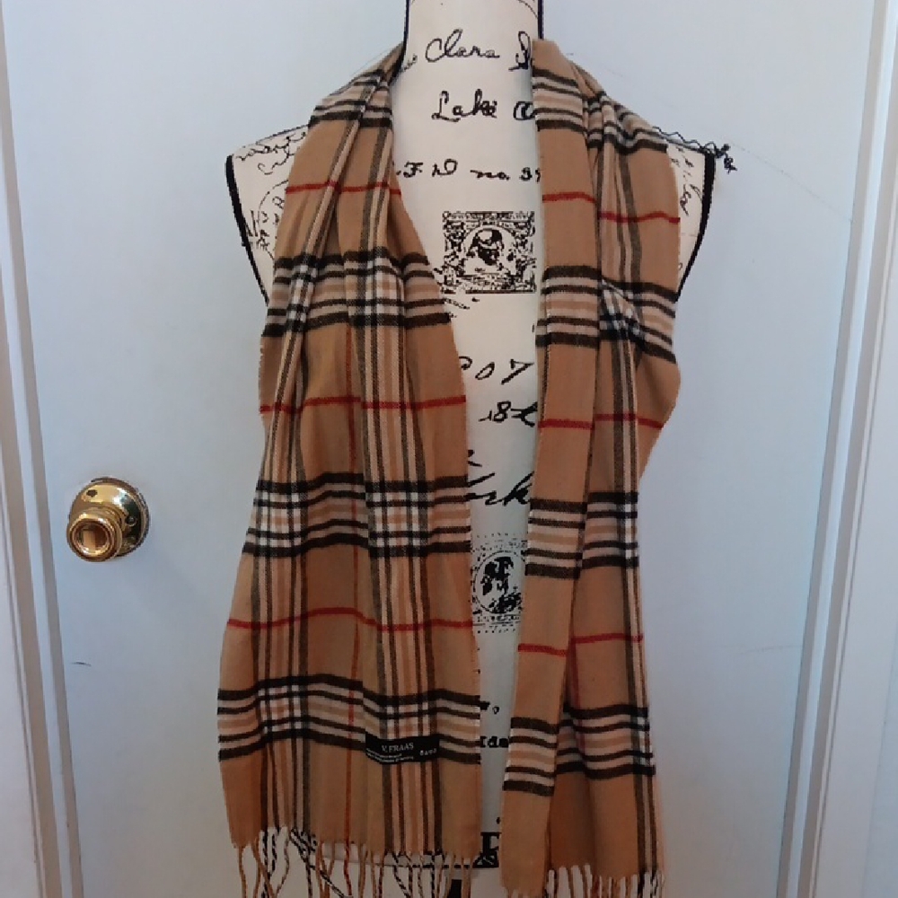 V.FRAAS Beige Checkered Scarf with Red and Black Accents